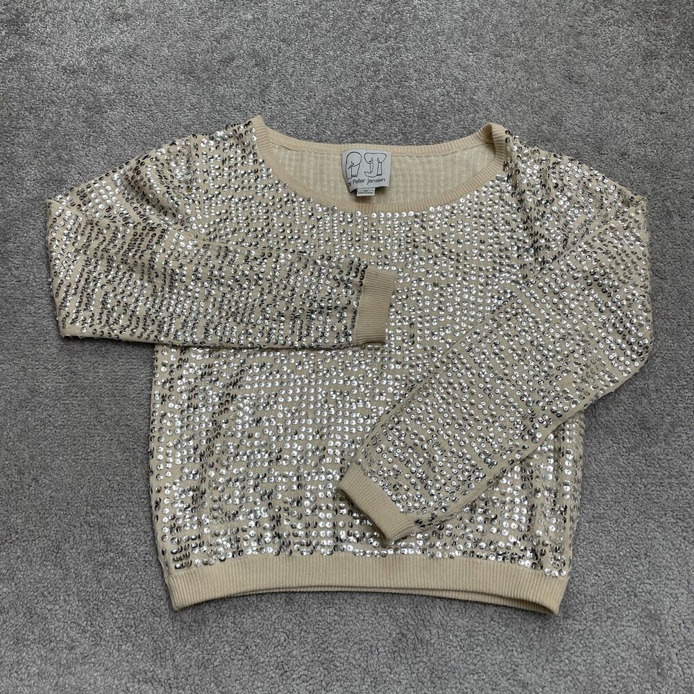 By Peter Jensen Embellished Sequin Pullover Sweater Womens Medium Ivory Cotton